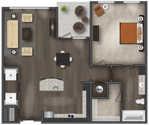 Floor plan for 1 bed, 1 bath, 838 sqft